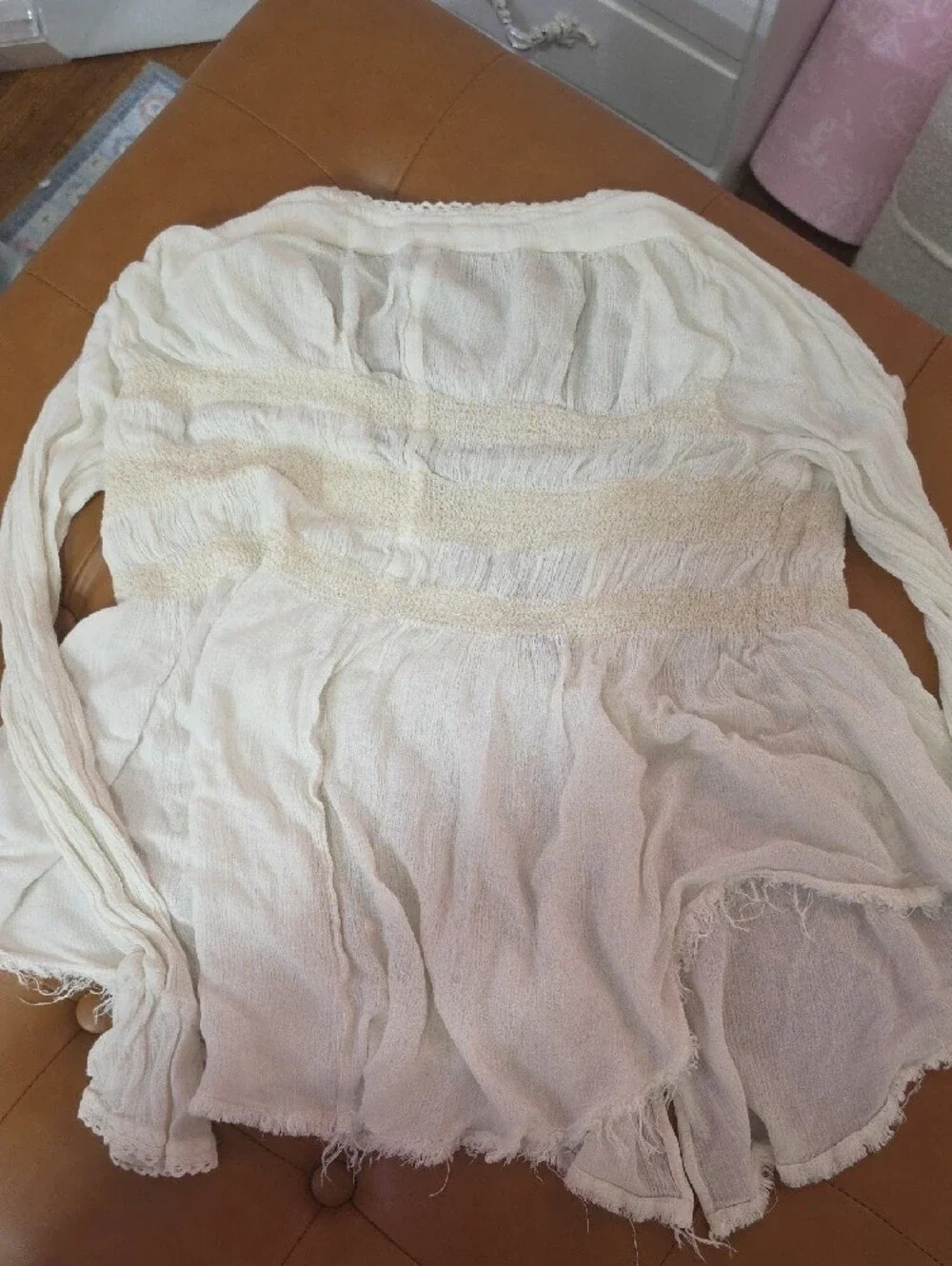 XS Free People Cream Button-Front Smocked Peasant Blouse